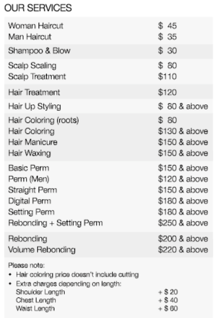 Studio11 salon and spa price list